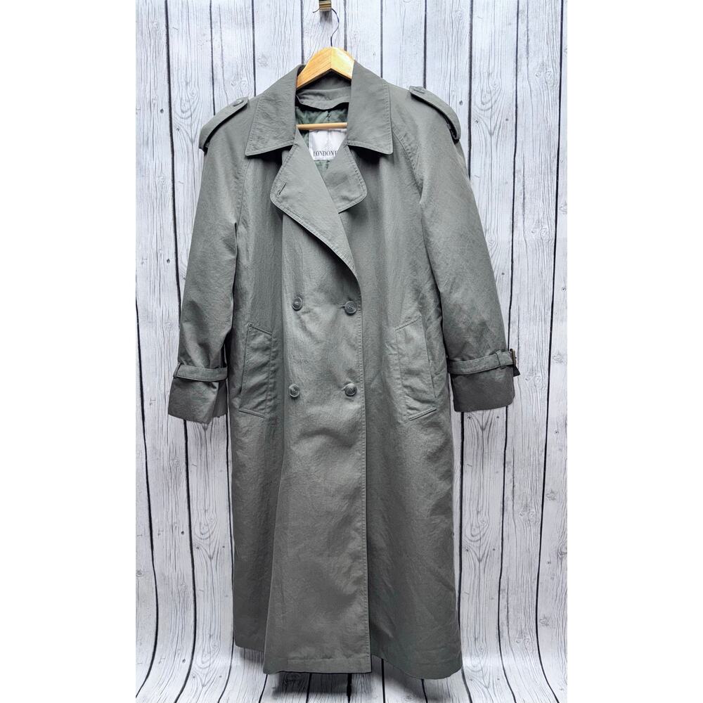 Vintage London Fog Classic Trench Coat Removable Thermal Lined Green Size 10P